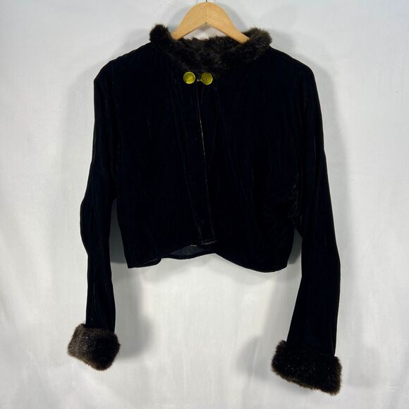 VTG Toots Pierre By MB Snow Black Velvet Cropped Jacket Faux Fur Collar Cuffs M - Picture 1 of 9